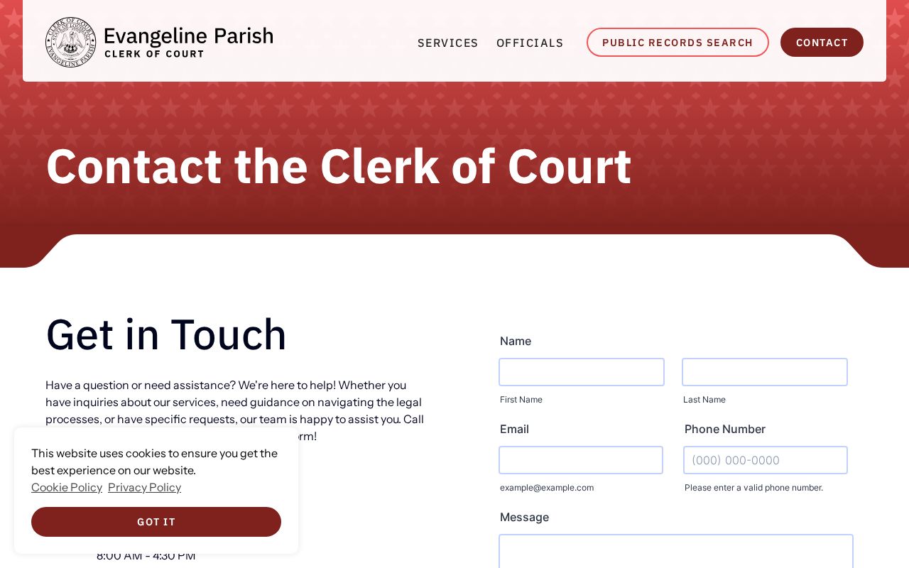 Evangeline Parish court dates clerk contact counter information