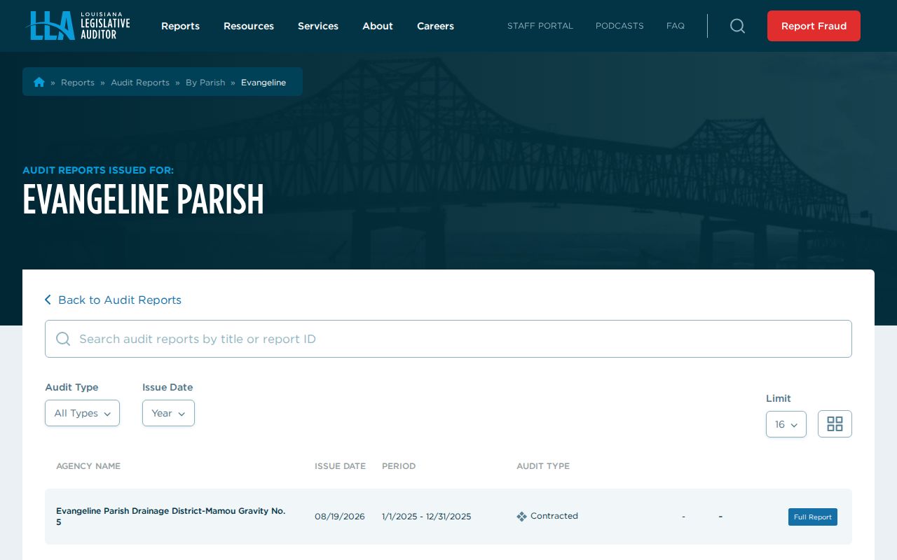 Evangeline Parish court records Louisiana Legislative Auditor office report index