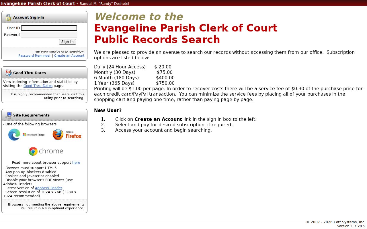 Evangeline Parish criminal docket search Cott eSearch login screen
