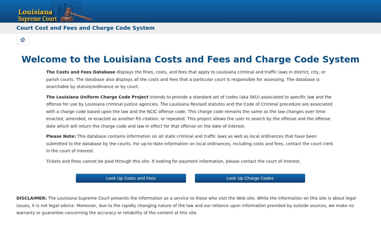 Evangeline Parish traffic tickets Louisiana Charge Code System landing page