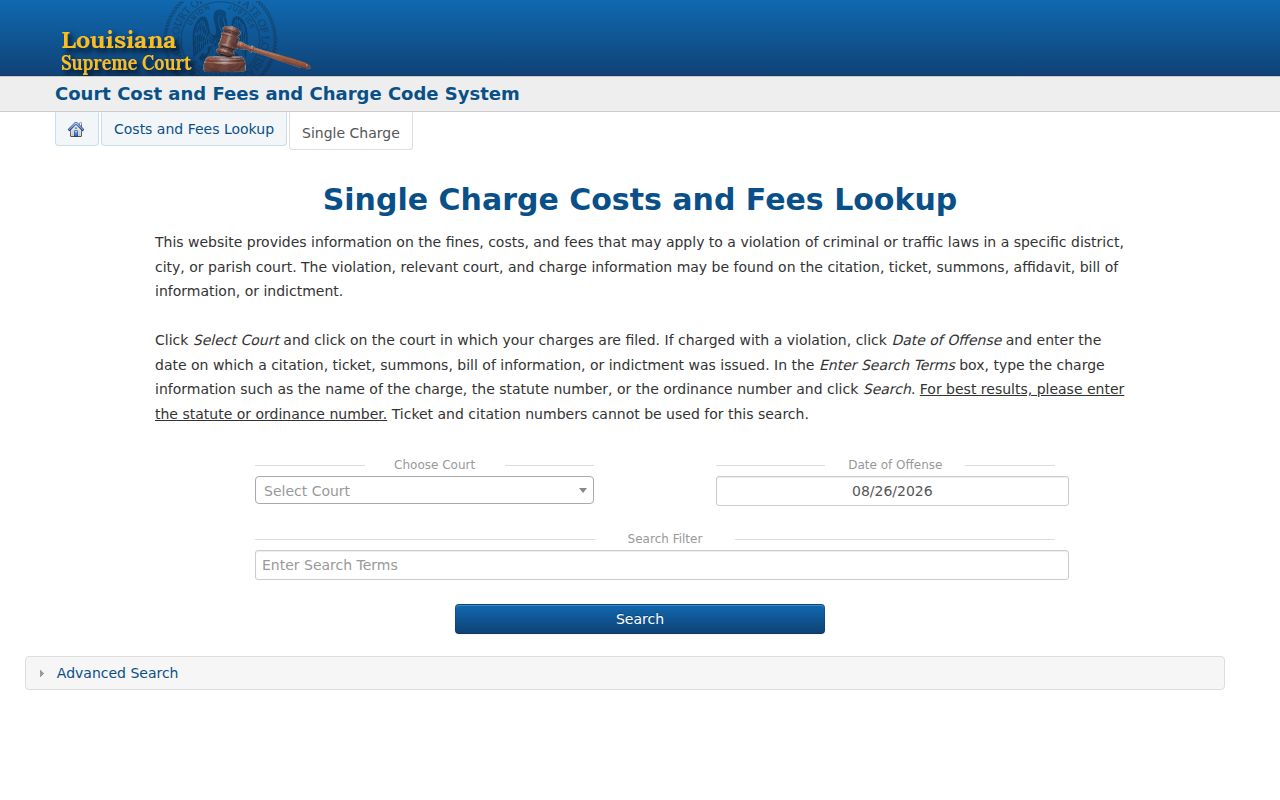 Evangeline Parish traffic tickets single charge search fields